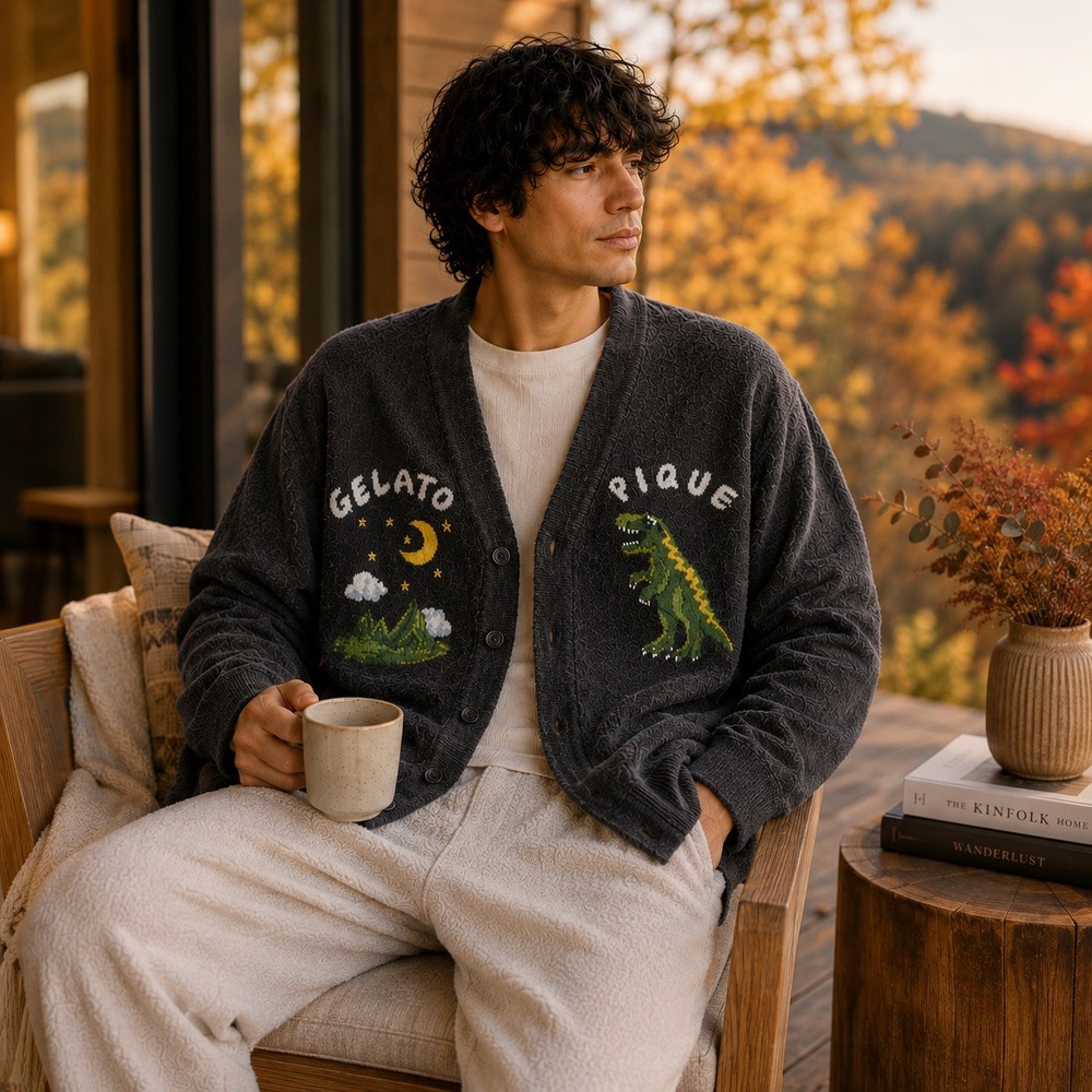 Gelato Pique Homme AIR MOCO Cardigan Men's M Dinosaur Jacquard Dark Gray